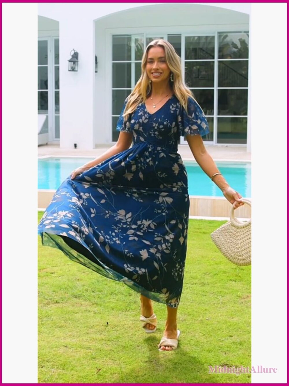 V Neck Flutter Sleeve Smocked Maxi Dress Boho Wedding Guest Summer - Picture 6 of 6